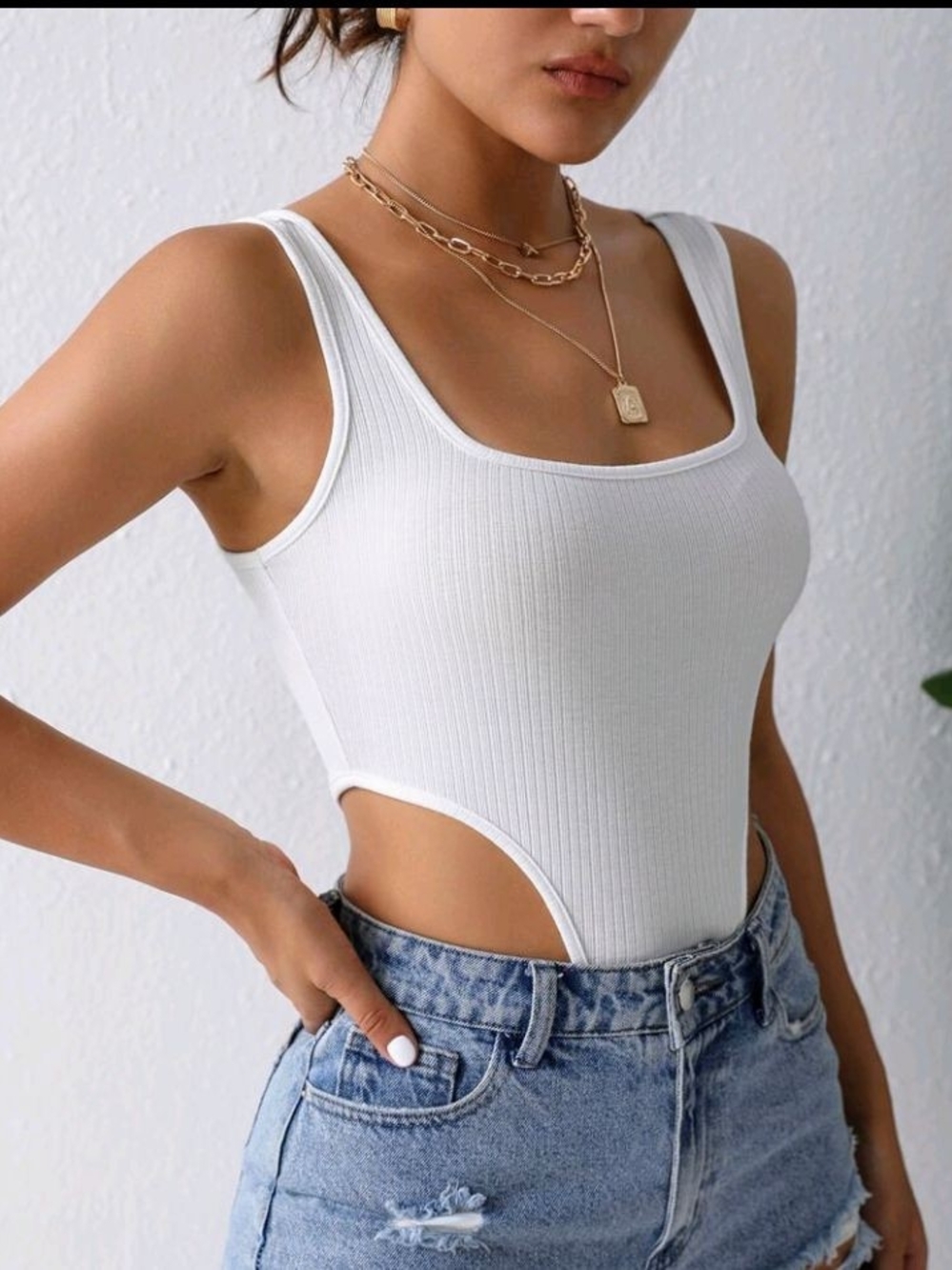 White Ribbed Scoop Neck Bodysuit - Women Tops